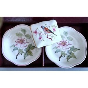 Royal Worcester Palissy Set: 2 Peony Plates + Songbird Trinket Box Spode England